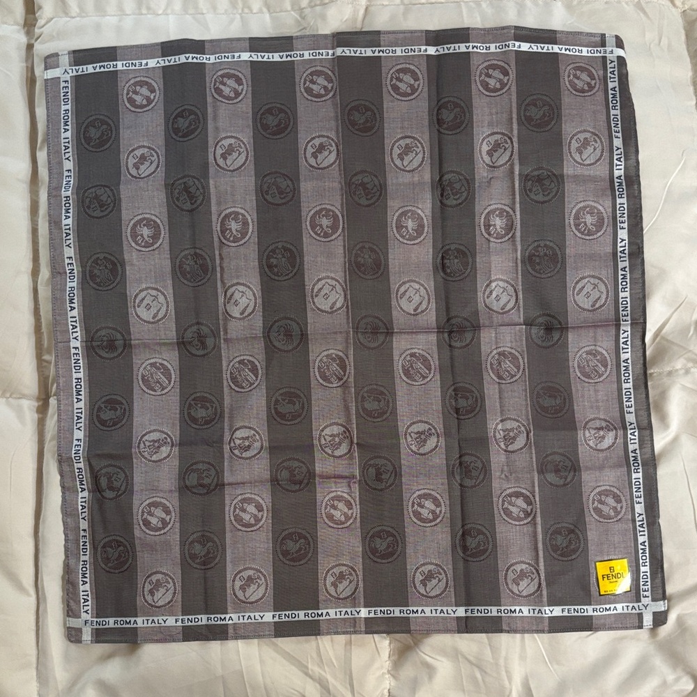 Fendi Roma Italy Zodiac Scarf Handkerchief Pocket Square gray black stripes 18” - Picture 9 of 14